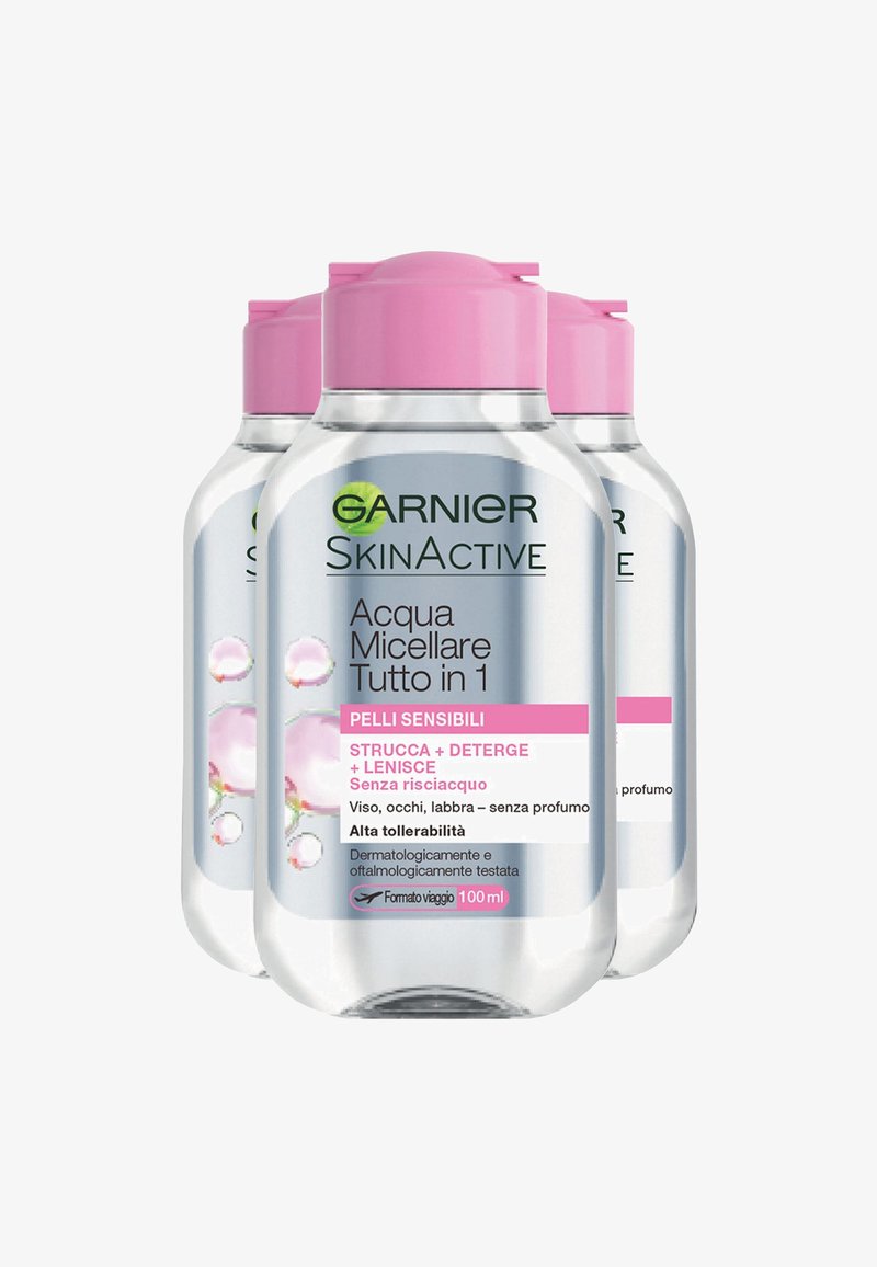 Garnier - ACQUA MICELLARE PER PELLI SENSIBILI. FORMATO VIAGGIO 100ML. STRUCCA, DETERGE E IDRATA IN UN SOLO GESTO. NON SERVE RISCIACQUARE - 3 PACK - Detergente, Ingrandire