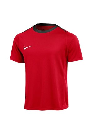 Rotes Sport-T-Shirt mit kurzen Ärmeln, schwarzem Kragen und weißem Nike-Logo auf der rechten Brust vor weißem Hintergrund.