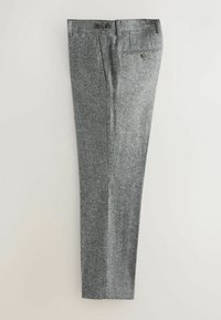 Gray checkered wool trousers with a straight cut, two front pockets, and a back pocket secured with a button.