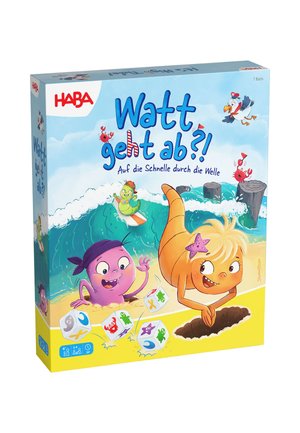 Colorful game box showing animated sea creatures playing on a beach with dice and waves, including a purple character and orange seahorse.