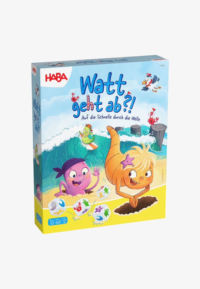 Colorful game box showing animated sea creatures playing on a beach with dice and waves, including a purple character and orange seahorse.