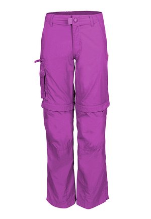Purple convertible cargo pants with pockets, belt loops, and zip-off legs turning them into shorts.
