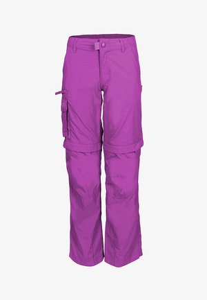 Purple convertible cargo pants with pockets, belt loops, and zip-off legs turning them into shorts.