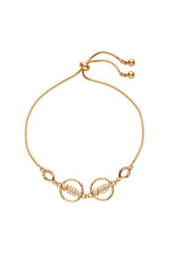 Zlatý náramek s designem řetězu, který obsahuje dva kulaté články s listovými vzory, doplněný o malé čiré drahokamy a nastavitelný zapínací mechanismus.