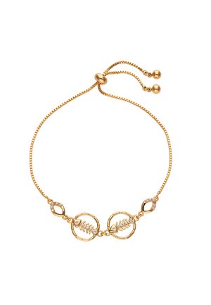 Guldring med kæde-design, der har to runde led med blade-mønstre, accentueret af små klare ædelsten og justerbar lås.