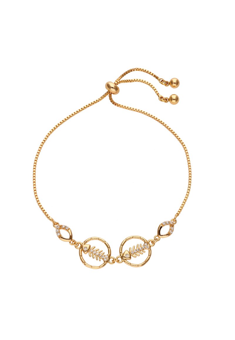 Zlatý náramek s designem řetězu, který obsahuje dva kulaté články s listovými vzory, doplněný o malé čiré drahokamy a nastavitelný zapínací mechanismus.