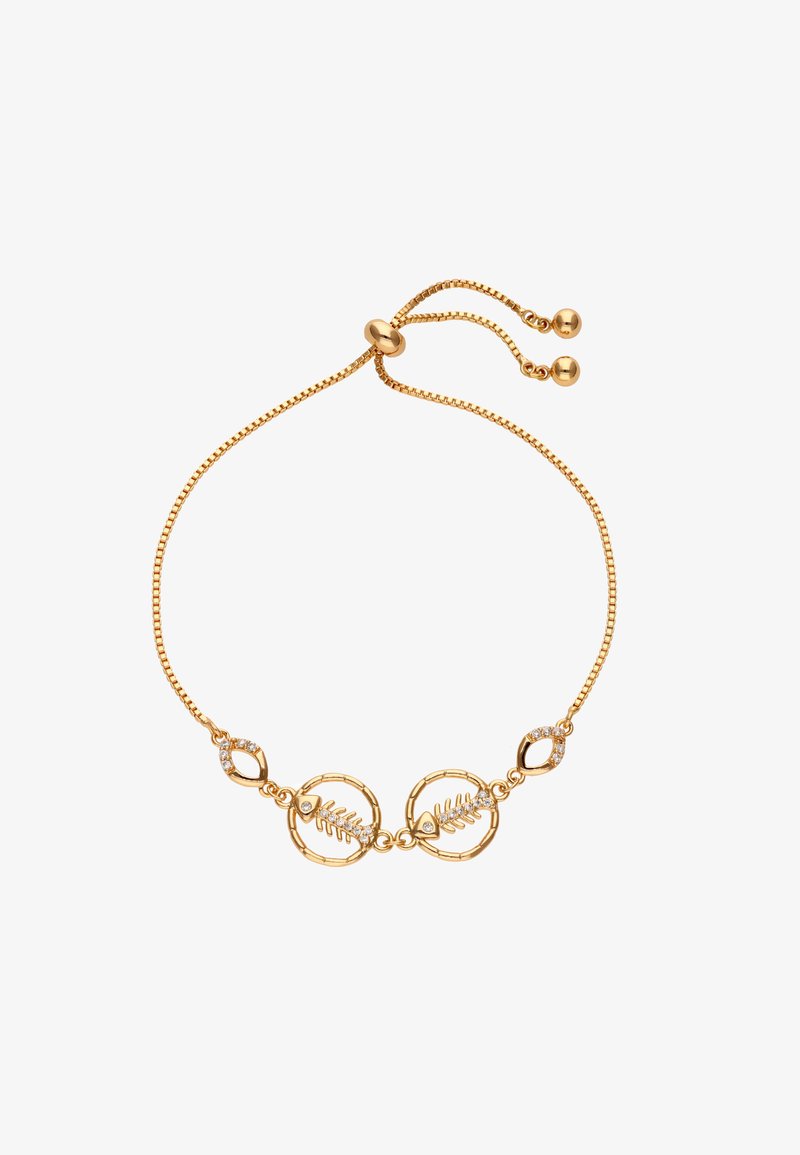 Zlatý náramek s designem řetězu, který obsahuje dva kulaté články s listovými vzory, doplněný o malé čiré drahokamy a nastavitelný zapínací mechanismus.