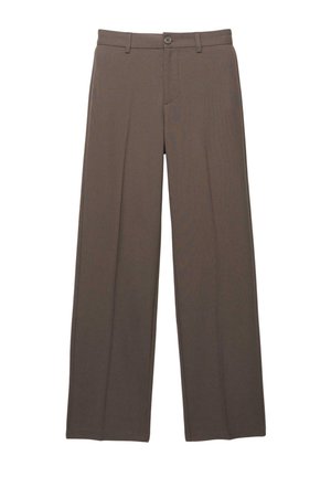 Pantaloni a vita alta marroni, a gamba larga, con passanti per cintura, chiusura a bottone e pieghe frontali.