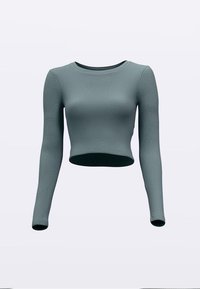 Long-sleeve cropped top in muted green ribbed fabric, featuring a round neckline and fitted silhouette, with a smooth texture and seamless design.