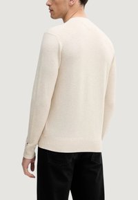 Maglione beige a maglia con scollo a V e polsini a coste, con un piccolo logo sulla manica. Indossato con pantaloni neri, visto da dietro.