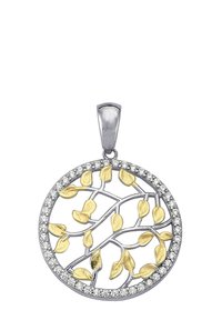 Pendentif circulaire en argent arborant un motif de branche avec des feuilles dorées et un bord orné de petites pierres claires, présentant une apparence délicate et texturée.