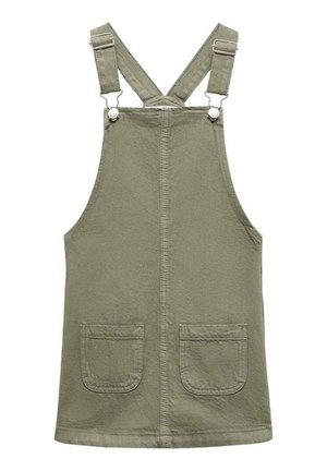 Ärmelloses, olivgrünes Kleid aus Cord mit Fronttaschen und verstellbaren Trägern mit Metall-Schnallenverschluss.