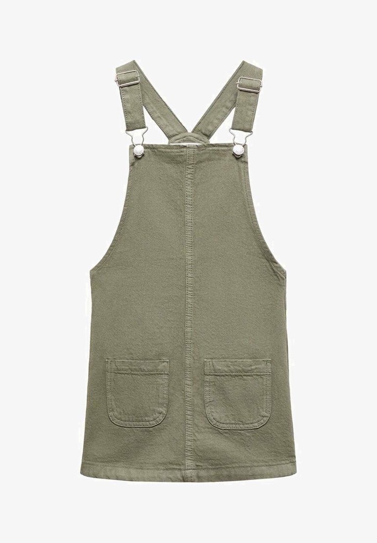Bezrękawnikowa sukienka ze sztruksu w kolorze oliwkowym, z przednimi kieszeniami i regulowanymi ramiączkami z metalowymi klamrami.