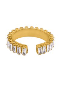 Goldring mit rechteckigen klaren Steinen, die in einer Reihe an der Vorderseite angeordnet sind, hinten offen für eine anpassbare Passform.