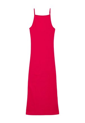 Abito lungo aderente di un vivace rosa, realizzato in tessuto morbido. Presenta spalline sottili e regolabili e un design semplice e solido senza motivi.