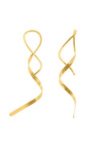 Goldene Spiralohrringe mit einem gedrehten Design, glatter Oberfläche und verlängertem, mit gebogenen Enden, die ein reflektierendes metallisches Finish zeigen.