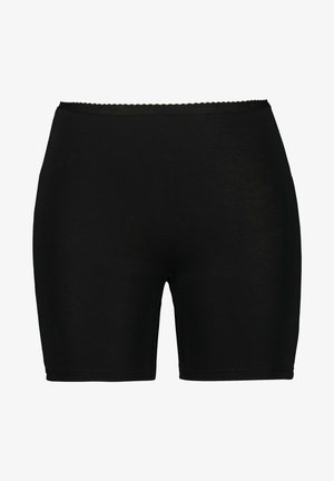 Schwarze Baumwollshorts mit einer taillierten Passform, gewelltem Bund und glatter Textur. Die Länge reicht bis zur Mitte des Oberschenkels.