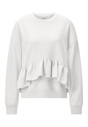Weißes Sweatshirt mit langen Ärmeln, rundem Ausschnitt und gerafftem Peplum-Detail im vorderen Taillenbereich.