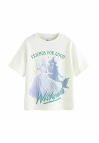 Biała koszulka z krótkim rękawem z grafiką przedstawiającą postacie z "Wicked", teksty "FRIENDS FOR GOOD" oraz "Wicked" w kolorze teal.