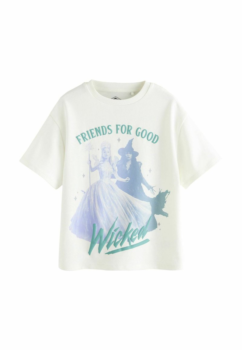 Biała koszulka z krótkim rękawem z grafiką przedstawiającą postacie z "Wicked", teksty "FRIENDS FOR GOOD" oraz "Wicked" w kolorze teal.