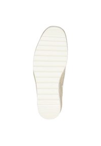 Beige geflochtene Sneaker-Sohle mit gerippter, weißer Gummiaußensohle. Verfügt über eine glatte Kante und erhabenen Text mit der Aufschrift "37" und "MADE IN SPAIN."