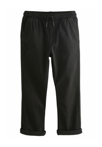 Schwarze Hose mit elastischem Bund und Kordelzug. Verfügt über zwei Seitentaschen, einen lässigen Schnitt und umgekrempelte Säume. Glatte Textur.
