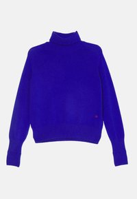 Blå polotröja i stickad tyg. Har långa ärmar, ribbade manschetter och en subtil röd logodetalj vid fållen.