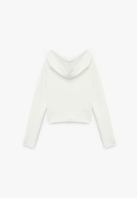 Witte cropped hoodie met lange mouwen en een gevoerde capuchon. Gladde textuur, minimalistisch ontwerp zonder versieringen of patronen.