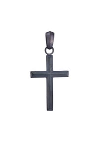 Pendentif croix en métal argenté avec une surface plate, présentant un design géométrique et une boucle pour l'attache en haut.