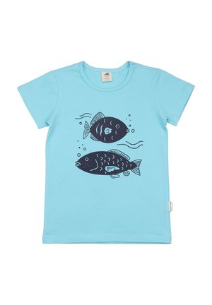 Light blue t-shirt featuring dark blue stylized fish print, including contrasting details and swirling lines. Classic crew neck design.
