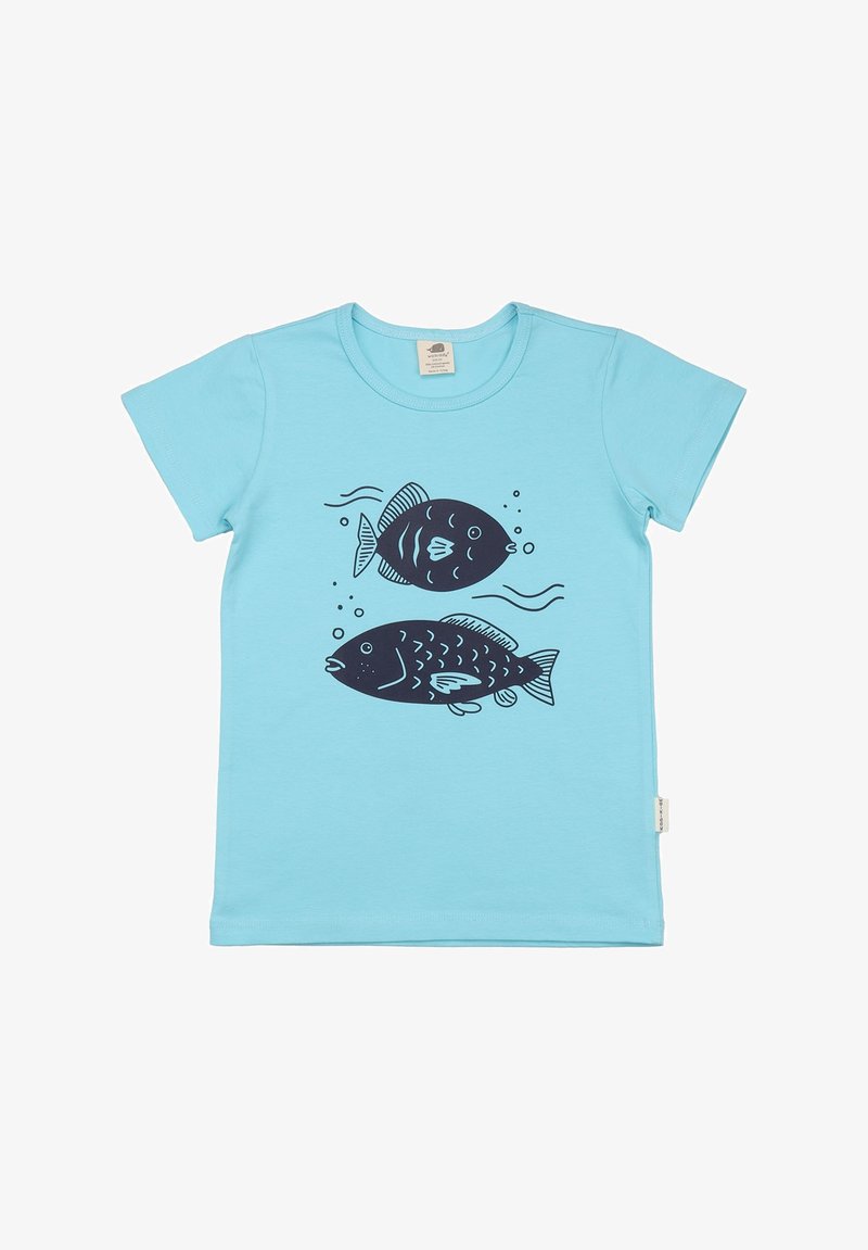Light blue t-shirt featuring dark blue stylized fish print, including contrasting details and swirling lines. Classic crew neck design.