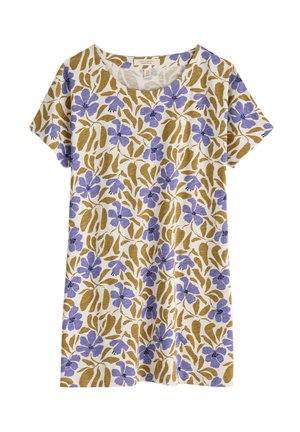 T-shirt floral avec une base blanche ornée de fleurs violettes et de feuilles brunes. Manches courtes, col rond, texture douce, design décontracté.