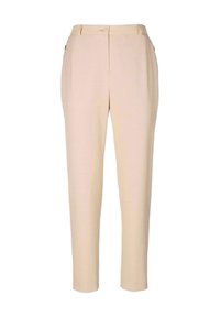 Pantalon beige ajusté avec une coupe droite, doté d'une fermeture éclair, de passants de ceinture et de poches latérales. Texture de tissu lisse avec une sensation légère.