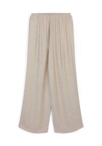 Pantalons larges beiges en tissu doux, dotés d'une taille élastique, d'un drapé et d'un design simple et dépouillé.