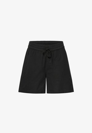 Čierne šortky vyrobené z priedušného materiálu, s elastickým pásom a šnúrkou, a vo voľnom strihu.