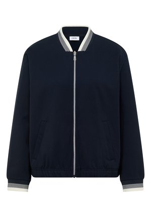 Veste bomber bleu marine avec col et poignets côtelés à rayures blanches et noires, fermeture éclair avant et poches latérales, de la marque Cecil.