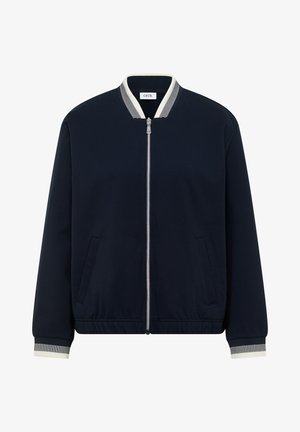 Veste bomber bleu marine avec col et poignets côtelés à rayures blanches et noires, fermeture éclair avant et poches latérales, de la marque Cecil.