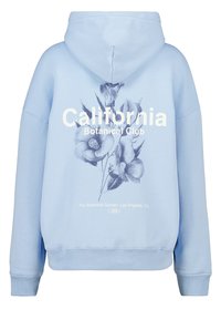 Hellblauer Kapuzenpulli mit Kapuze, versehen mit einer botanischen Blumenillustration und dem Text "California Botanical Club" auf der Rückseite.