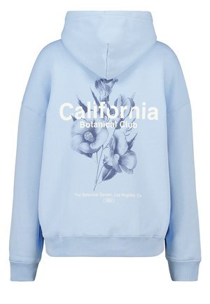 Lichtblauwe hoodie met capuchon, voorzien van een botanische bloemenillustratie en de tekst "California Botanical Club" op de achterkant.