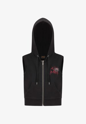 Black sleeveless zip-up hoodie with a front pocket, featuring red embroidered design on the left chest and adjustable drawstring hood.
