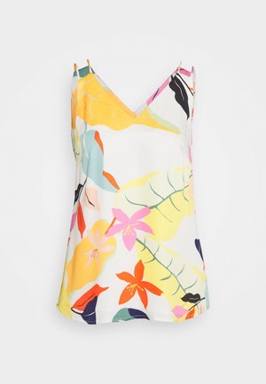 Top sans manches à motif floral présentant un décolleté en V, dans des couleurs pastel sur un fond blanc, fabriqué en tissu léger avec une texture lisse.