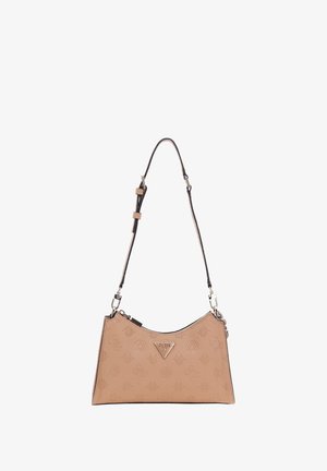 Borsa beige Guess con motivo logo in rilievo, piastra metallica triangolare con logo e tracolla regolabile nera e beige.