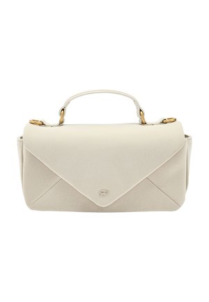 Beżowa prostokątna torebka z górnym uchwytem, klapą na zatrzask, złotymi okuciami w kształcie pierścienia oraz subtelnym wytłoczonym logo na środku przedniej części.