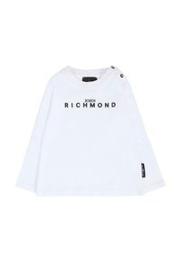 Camicia bianca a maniche lunghe in cotone. Presenta la scritta "JOHN RICHMOND" stampata in nero, con bottoni sulle spalle e un piccolo etichetta del marchio di lato.