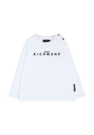 Camicia bianca a maniche lunghe in cotone. Presenta la scritta "JOHN RICHMOND" stampata in nero, con bottoni sulle spalle e un piccolo etichetta del marchio di lato.