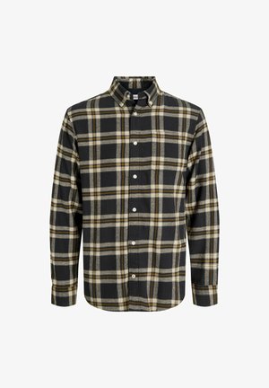 Cămașă din fetru negru cu carouri, având linii orizontale și verticale în galben și gri, cu guler cu nasturi și mâneci lungi.