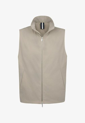 Gilet beige senza maniche in tessuto liscio con collo alto e cerniera frontale. Presenta due tasche laterali. Design semplice, senza motivi visibili.