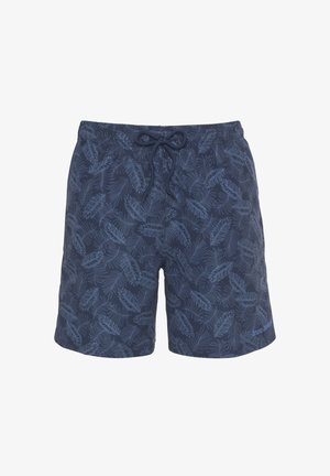 Navy swim shorts featuring a light blue leafy pattern, elastic waistband with drawstring, and a logo on the lower right front.
