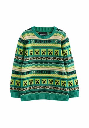 Pull vert tricoté avec le logo Minecraft et des visages de Creeper pixélisés en motifs horizontaux alternés, col, poignets et ourlet côtelés.