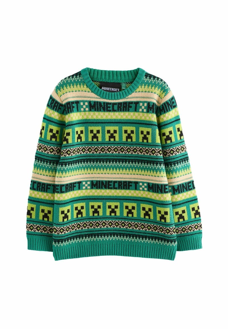 Pull vert tricoté avec le logo Minecraft et des visages de Creeper pixélisés en motifs horizontaux alternés, col, poignets et ourlet côtelés.